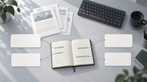 un bureau avec un carnet manuscrit ouvert a cote d un clavier, lumiere du matin