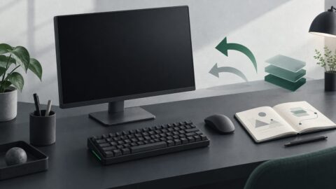 un poste de travail sobre vu de trois quarts, ecran eteint, clavier mecanique, carnet ouvert