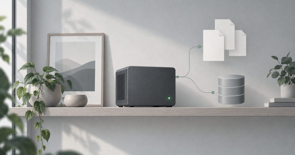 un petit serveur domestique pose sur une etagere, diode allumee, piece calme