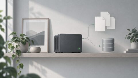 un petit serveur domestique pose sur une etagere, diode allumee, piece calme