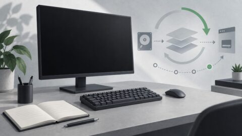 un poste de travail sobre vu de trois quarts, ecran eteint, clavier mecanique, carnet ouvert