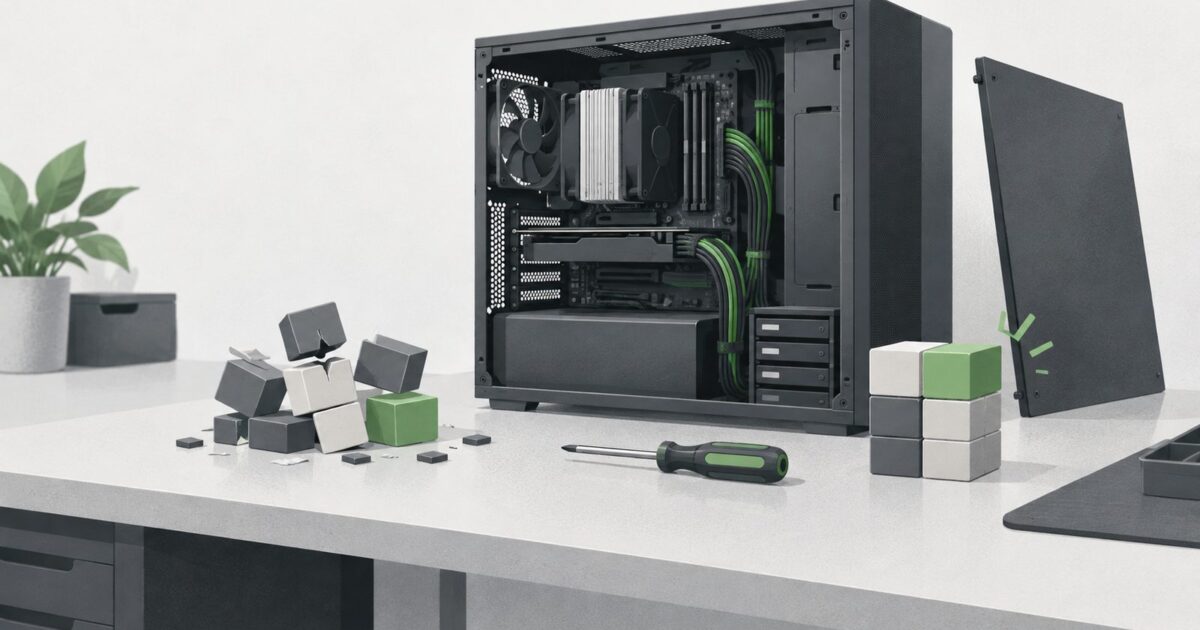 une machine de bureau ouverte posee sur un etabli, cables ranges, tournevis pose a plat