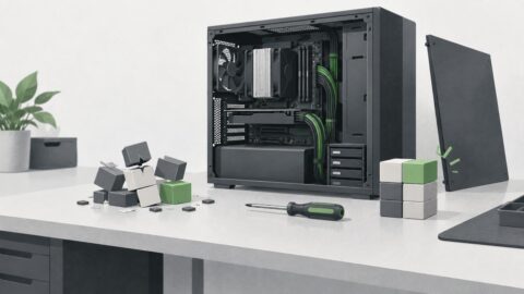 une machine de bureau ouverte posee sur un etabli, cables ranges, tournevis pose a plat