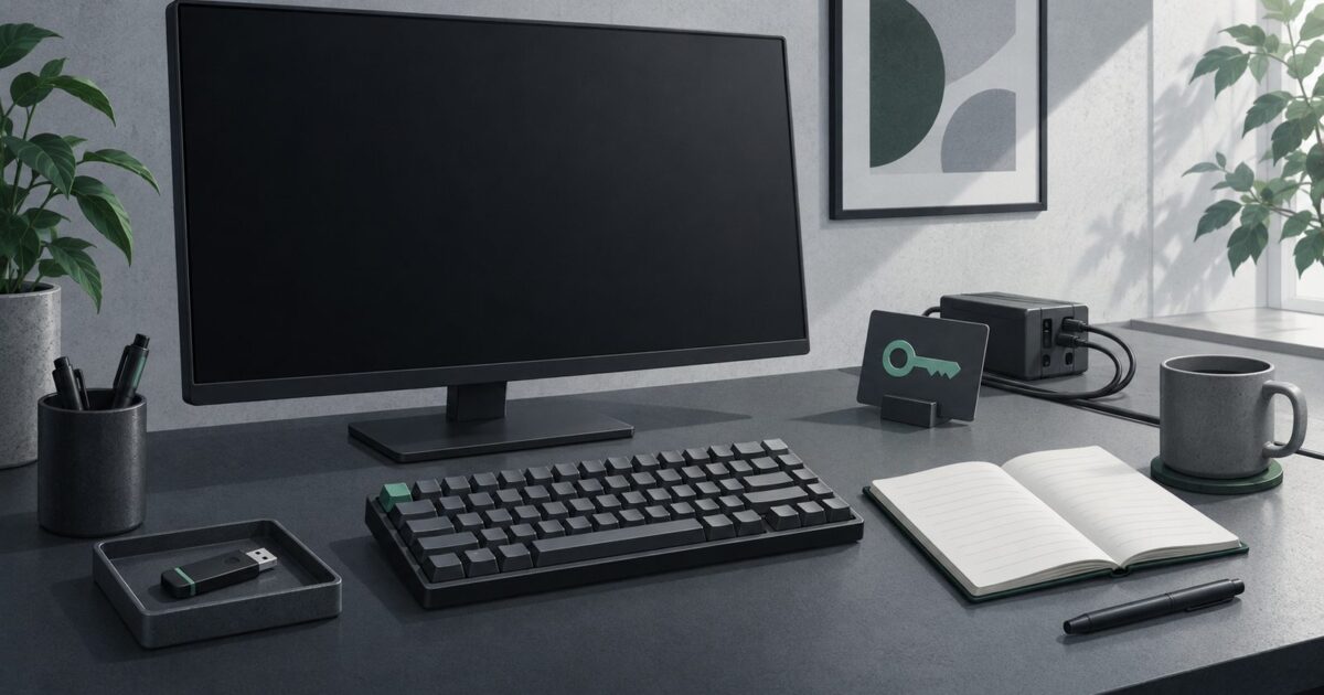 un poste de travail sobre vu de trois quarts, ecran eteint, clavier mecanique, carnet ouvert