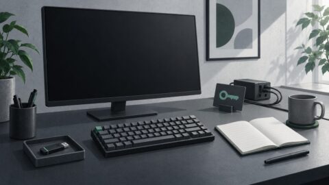un poste de travail sobre vu de trois quarts, ecran eteint, clavier mecanique, carnet ouvert