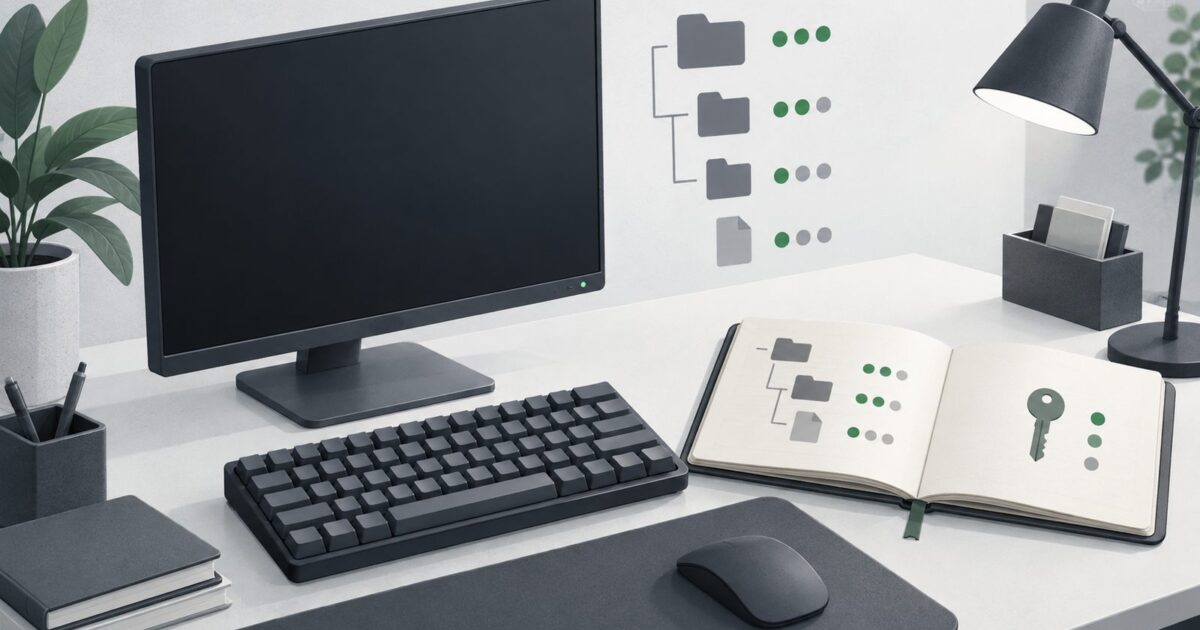 un poste de travail sobre vu de trois quarts, ecran eteint, clavier mecanique, carnet ouvert