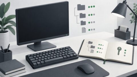 un poste de travail sobre vu de trois quarts, ecran eteint, clavier mecanique, carnet ouvert