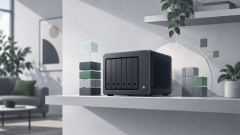 un petit serveur domestique pose sur une etagere, diode allumee, piece calme