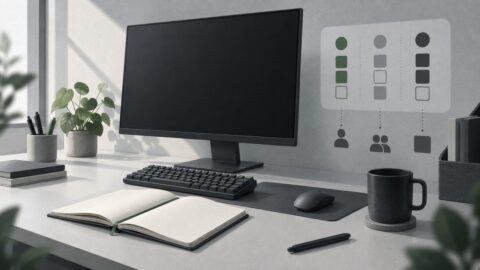 un poste de travail sobre vu de trois quarts, ecran eteint, clavier mecanique, carnet ouvert