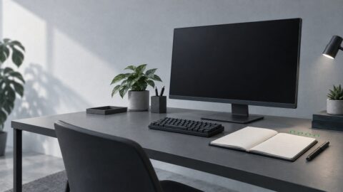 un poste de travail sobre vu de trois quarts, ecran eteint, clavier mecanique, carnet ouvert