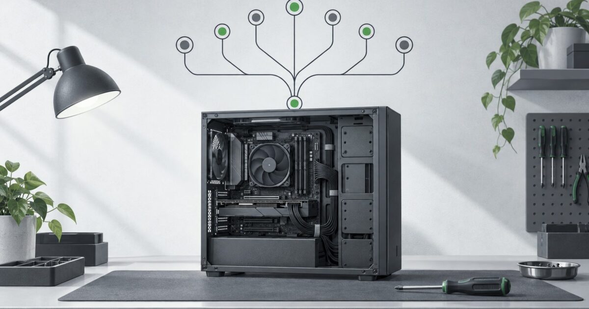 une machine de bureau ouverte posee sur un etabli, cables ranges, tournevis pose a plat