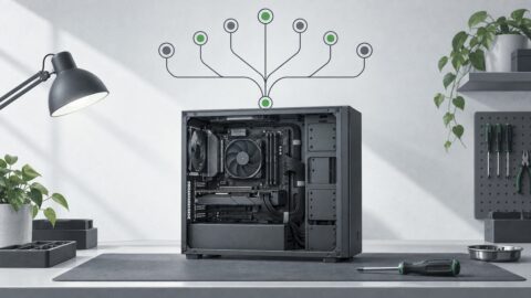 une machine de bureau ouverte posee sur un etabli, cables ranges, tournevis pose a plat