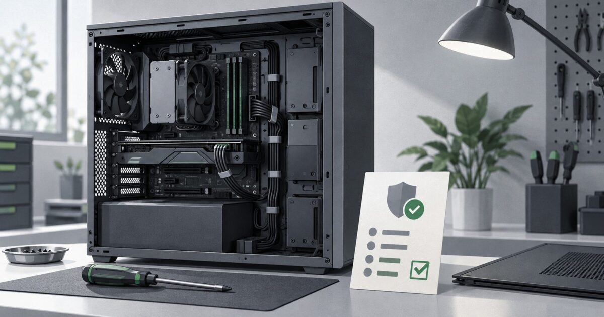 une machine de bureau ouverte posee sur un etabli, cables ranges, tournevis pose a plat