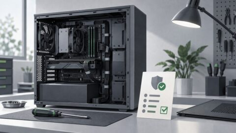 une machine de bureau ouverte posee sur un etabli, cables ranges, tournevis pose a plat