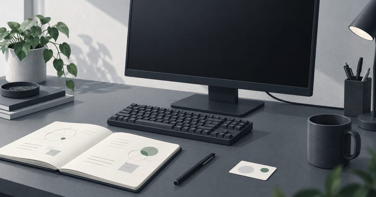 un poste de travail sobre vu de trois quarts, ecran eteint, clavier mecanique, carnet ouvert