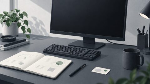 un poste de travail sobre vu de trois quarts, ecran eteint, clavier mecanique, carnet ouvert