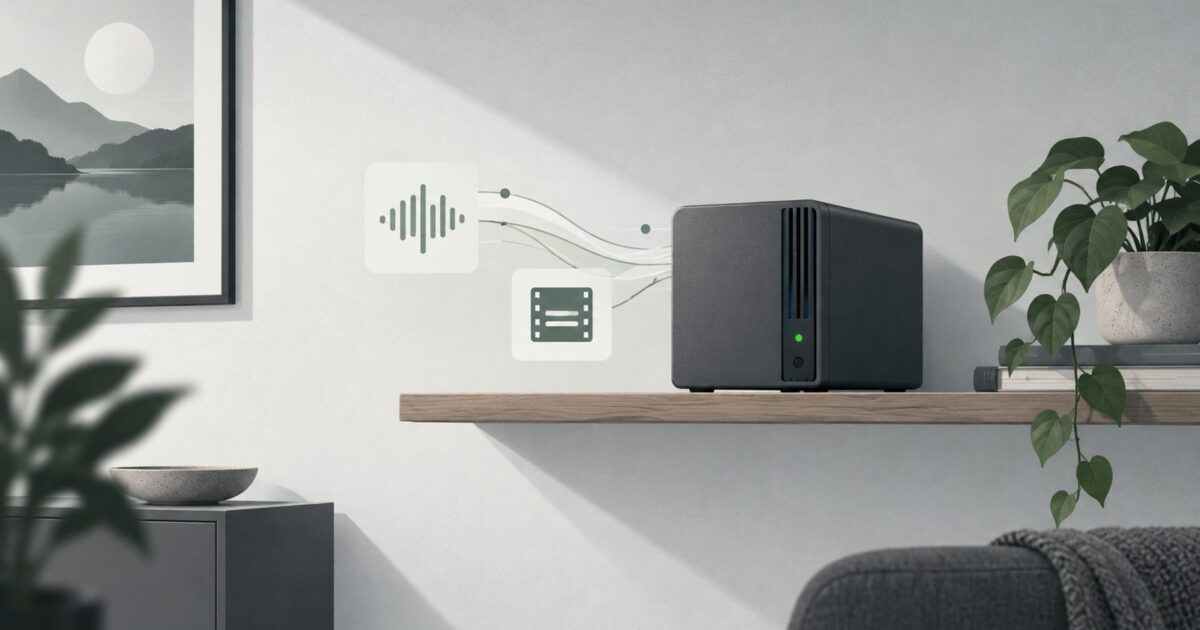 un petit serveur domestique pose sur une etagere, diode allumee, piece calme