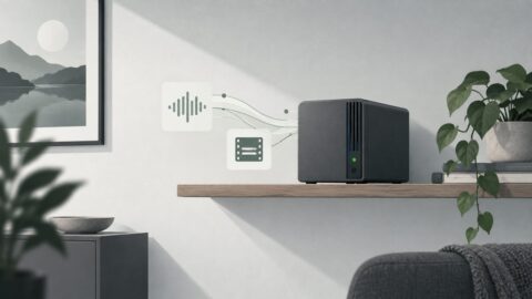un petit serveur domestique pose sur une etagere, diode allumee, piece calme