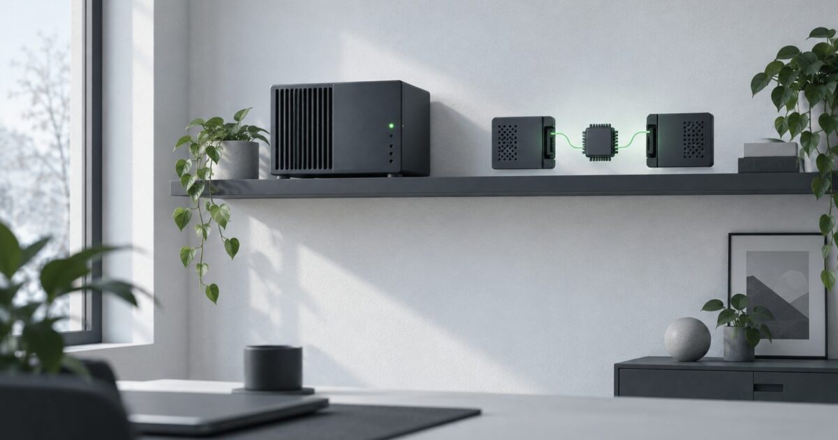 un petit serveur domestique pose sur une etagere, diode allumee, piece calme