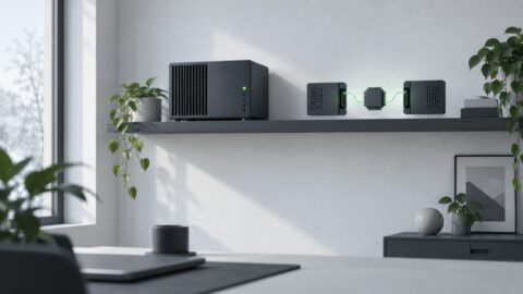 un petit serveur domestique pose sur une etagere, diode allumee, piece calme