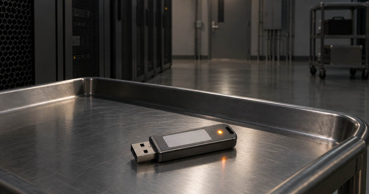Clé USB amorçable posée sur un plateau métallique dans une salle technique.