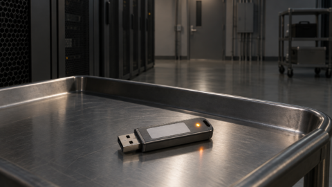 Clé USB amorçable posée sur un plateau métallique dans une salle technique.