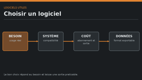 Schéma de choix d'un logiciel reliant besoin, compatibilité, coût et export des données.