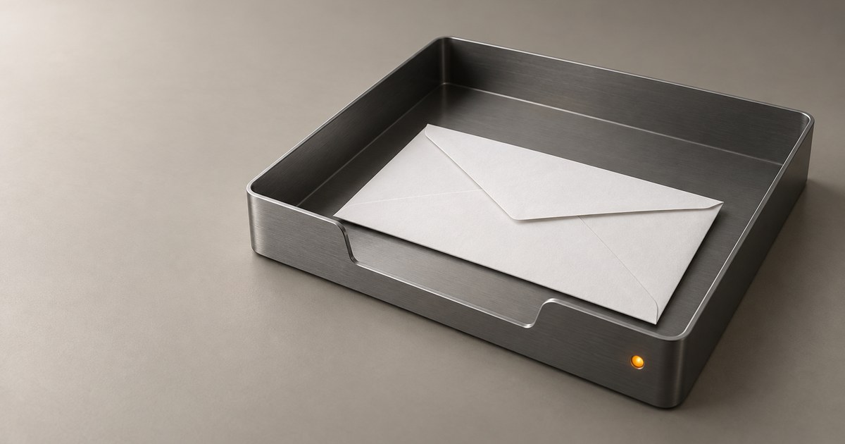 Enveloppe blanche dans un bac en aluminium avec un voyant orange.