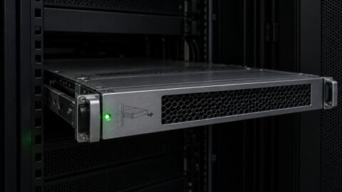 Module serveur rackable à voyant vert, partiellement sorti d’une baie.