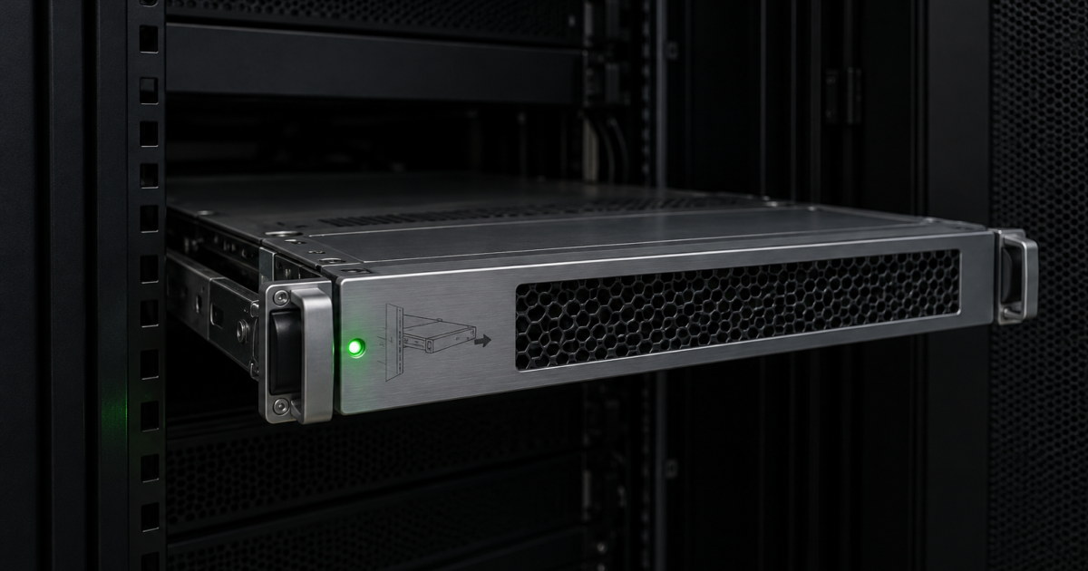 Module serveur rackable à voyant vert, partiellement sorti d’une baie.