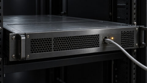 Serveur de messagerie en rack, câble Ethernet branché et voyant ambre.