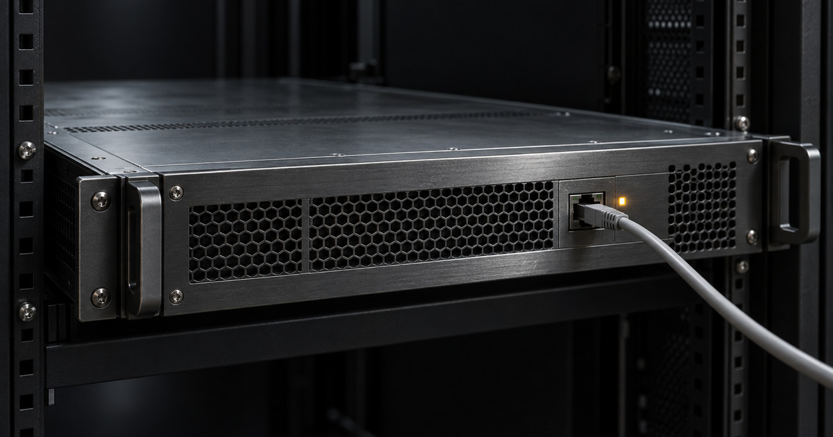 Serveur de messagerie en rack, câble Ethernet branché et voyant ambre.