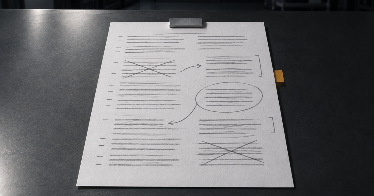 Document de travail annoté posé sur une table avant la rédaction.