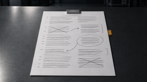 Document de travail annoté posé sur une table avant la rédaction.