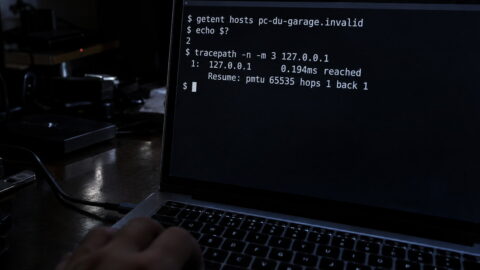 Illustration de couverture : un terminal affiché sur l'écran d'un ordinateur portable ouvert dans une pièce sombre, avec des commandes de diagnostic réseau et leur résultat affichés à l'écran.
