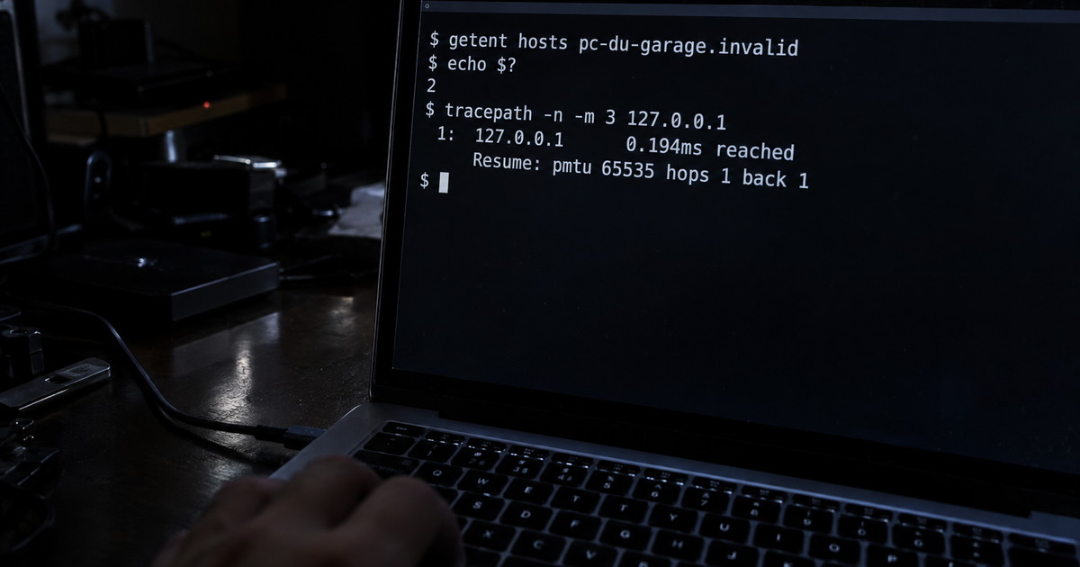 Illustration de couverture : un terminal affiché sur l'écran d'un ordinateur portable ouvert dans une pièce sombre, avec des commandes de diagnostic réseau et leur résultat affichés à l'écran.