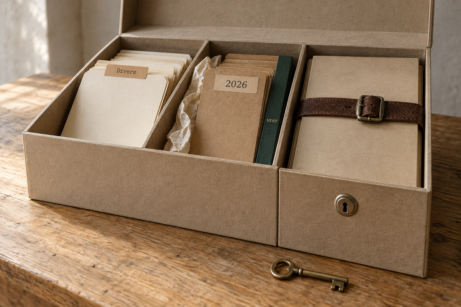 Boîte d'archivage en carton kraft ouverte sur un plan de travail en bois clair huilé : trois compartiments nettement séparés garnis de chemises étiquetées, un compartiment fermé par une serrure métallique, une clé en laiton posée à côté, lumière naturelle latérale.