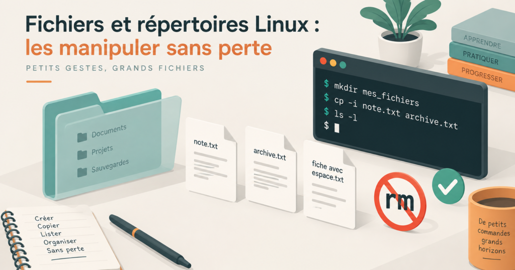 Illustration : un dossier translucide, trois fichiers étiquettes note.txt, archive.txt et fiche avec espace.txt, une fenêtre de terminal avec les commandes mkdir, cp -i et ls -l, un badge vert validé et un signe rouge d'interdiction sur rm — pour un parcours sûr d'initiation aux fichiers et répertoires Linux.