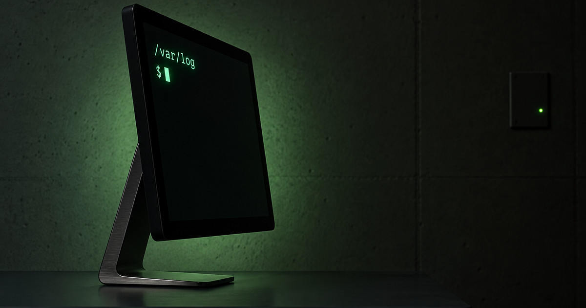 Illustration de couverture : un moniteur posé sur un bureau sombre dans une pièce technique, écran monochrome vert affichant le chemin « /var/log » puis une invite « $ » suivie d'un curseur, la lumière de l'écran éclairant un mur de béton et un voyant vert de statut au mur. Aucune personne, aucun logo.