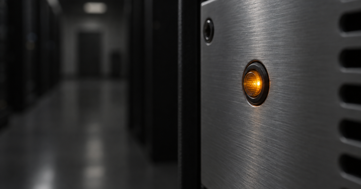 Voyant ambre sur un panneau aluminium brossé dans une allée de serveur sombre.