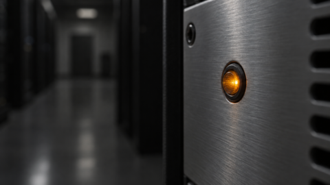 Voyant ambre sur un panneau aluminium brossé dans une allée de serveur sombre.