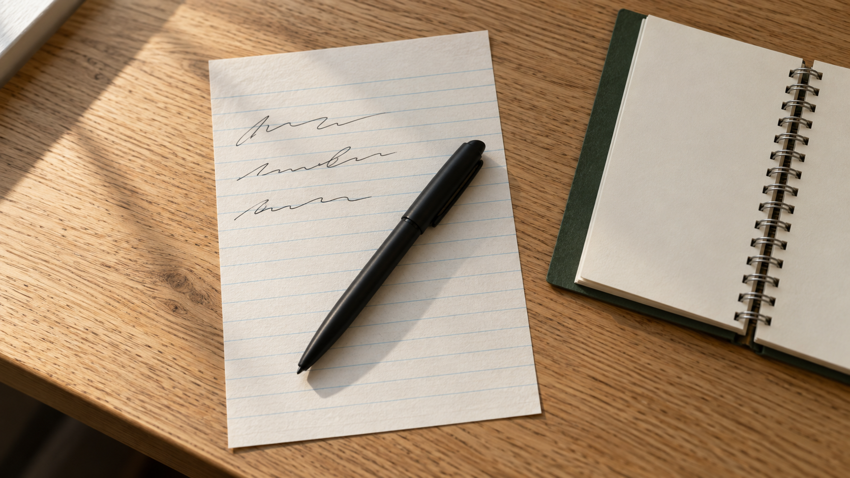Photographie éditoriale d'une feuille de papier lignée crème posée sur un bureau en chêne clair, sur laquelle quelques lignes manuscrites à l'encre noire évoquent une question sans former de mot lisible. Un stylo à bille noir mat est posé en diagonale sur la feuille. À droite, partiellement hors cadre, un petit carnet ouvert à spirale métallique avec une couverture vert profond. Lumière naturelle latérale, ombres cohérentes, textures papier et bois visibles. Aucun écran, aucune interface, aucun terminal.