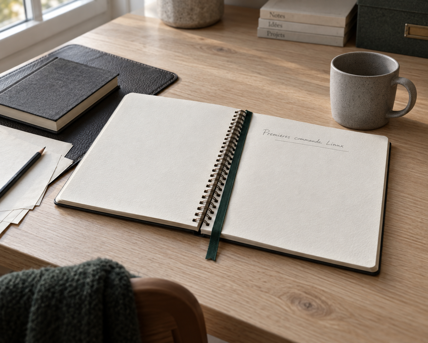 Couverture du hub Linux : carnet ouvert à spirale avec marque-page vert sur un bureau en chêne clair, accompagné d'une tasse céramique grise et d'un livre épais à couverture tissu — photographie éditoriale évoquant un parcours Linux par étapes vérifiables