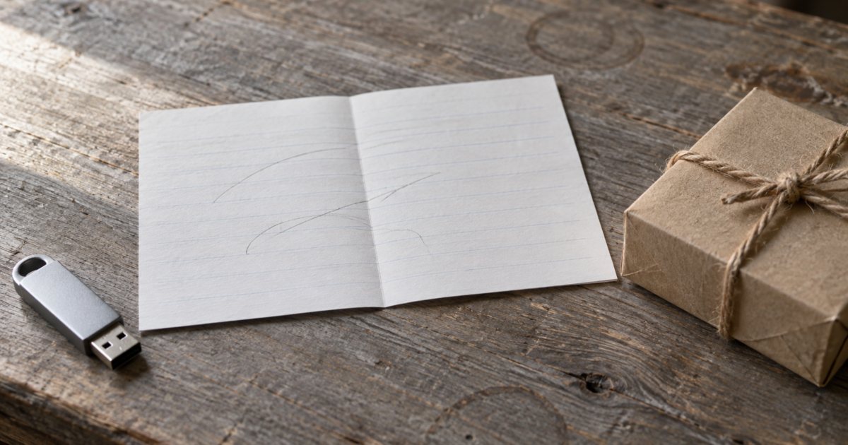 Photographie éditoriale : un cahier ouvert à pages lignées crème posé à plat sur un bureau en bois grisé patiné, portant quelques traits discrets au crayon à papier gris graphite qui n'évoquent ni mot lisible, ni coche, ni flèche, ni schéma. À gauche, partiellement hors cadre, une clé USB en aluminium mat sans marque ni logo, sans capuchon, connecteur métal brossé visible. À droite, un petit emballage cartonné mat en carton recyclé couleur kraft naturelle, refermé par un morceau de ficelle de jute tressée noué à la main, sans étiquette, sans logo, sans nom de produit. Lumière naturelle latérale depuis la gauche, douce et légèrement froide, ombres physiquement cohérentes vers la droite. Aucune personne, aucun écran, aucune interface, aucun terminal, aucune marque reconnaissable.