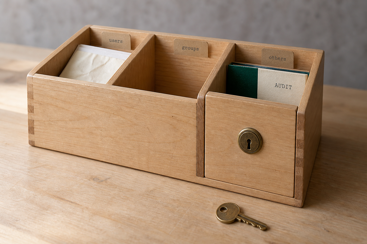 Photographie éditoriale : petit meuble de classement en bois clair ouvert, trois compartiments nettement séparés étiquetés users, groups, others, seul le compartiment others fermé par une serrure en laiton patiné avec une clé posée à côté, papier crème froissé dans users, tranche de chemise vert profond étiquetée AUDIT dans others, lumière naturelle depuis la gauche, fond gris-pierre flou.