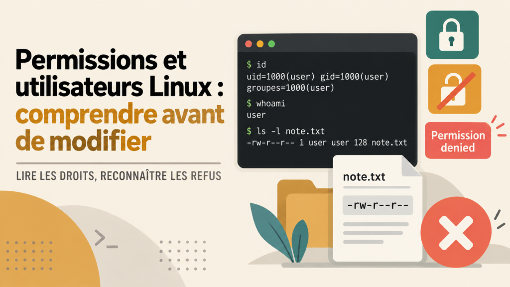 Illustration : titre « Permissions et utilisateurs Linux : comprendre avant de modifier », terminal avec id, whoami et ls -l note.txt, badges cadenas, cadenas barré et panneau « Permission denied » — pour un article CyberSDF d'introduction aux droits Linux.
