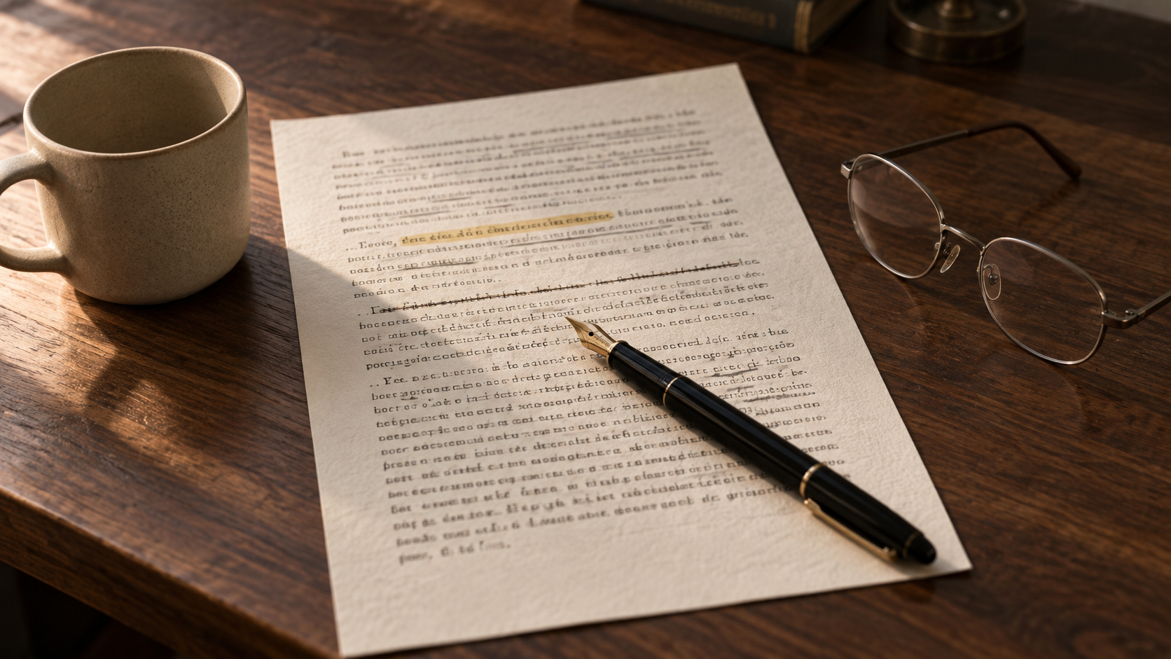 Photographie éditoriale : feuille de papier crème imprimée posée à plat sur un bureau en noyer huilé foncé, courte relecture typographiée en serif noir avec trace de surligneur beige passé sur une ligne et une autre barrée d'un trait à la règle, stylo plume en ébonite noire à plume dorée posé en diagonale, paire de lunettes de lecture à monture fine métal brossé à demi pliée, tasse sobre en céramique mate sable clair vide à gauche, lumière naturelle latérale depuis la gauche, arrière-plan flou.