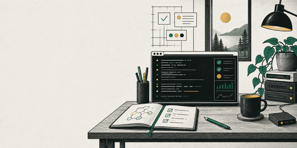 Illustration d'un espace de travail numérique avec un carnet, un terminal abstrait et des repères de vérification.