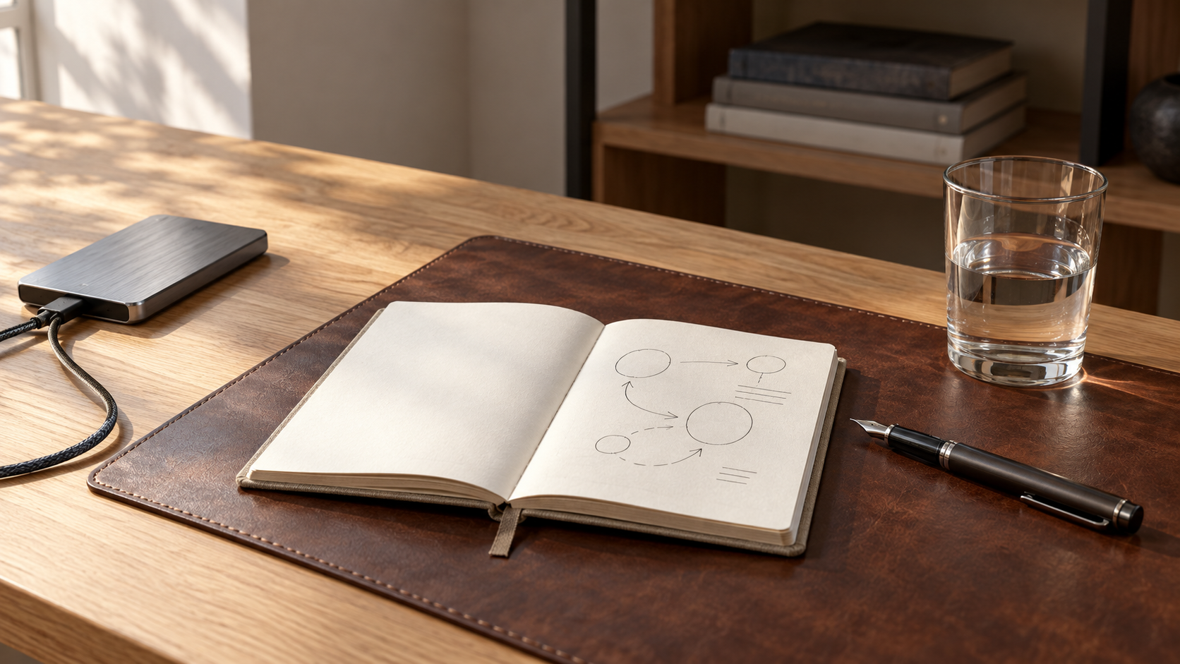 Photographie éditoriale d'un bureau en bois clair : un carnet relié en lin écru ouvert sur un sous-main en cuir patiné, avec à gauche un boîtier SSD externe en aluminium brossé relié par un câble tressé, et à droite un verre d'eau et un stylo plume. Métaphore de préparation d'un diagnostic de service Linux.