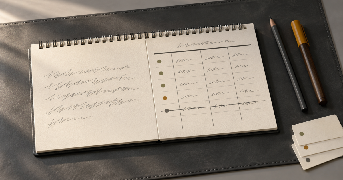 Photographie éditoriale réaliste, vue de dessus en légère plongée : un cahier à spirale métallique ouvert à plat sur un sous-main en cuir lisse gris foncé, posé sur un bureau contemporain gris clair mat. La page de gauche porte un paragraphe manuscrit de quatre à cinq lignes au crayon graphite, traits irréguliers totalement illisibles, sans aucun mot reconnaissable. La page de droite porte un tableau manuscrit à quatre colonnes dessinées à la règle, rempli de marques sobres : trois lignes avec une petite marque verte olive à gauche, une ligne avec une marque ambre ocre à gauche, et une ligne avec une marque graphite à gauche traversée d'un trait franc tracé à la règle en travers de toute la ligne, comme une affirmation barrée et coupée. À droite du cahier, un crayon de papier taillé gris foncé et un feutre fin à pointe ronde bille au corps en bois huilé foncé et capuchon ambre mat. En bas à droite, une petite pile de trois fiches bristol crème décalées d'un millimètre, chacune portant une marque sobre identique à celles du tableau. Lumière du jour franche et légèrement chaude venant de la gauche, ombres physiquement cohérentes, arrière-plan gris neutre flou et vide. Aucun écran, aucun terminal, aucune interface, aucun titre incrusté, aucun mot lisible, aucun chiffre, aucune date imprimée.